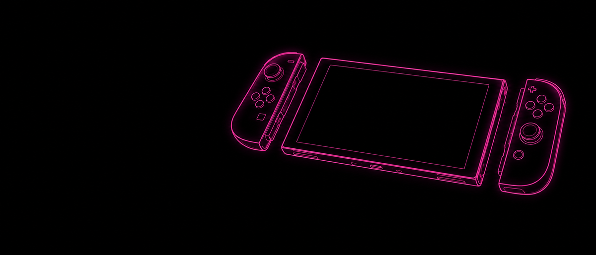 Bannière Nintendo Switch 1 & 2 - illustration néon rose sur fond noir