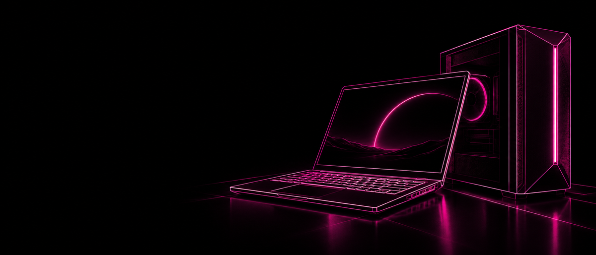 Bannière PC / Laptop Play - illustration néon rose sur fond noir